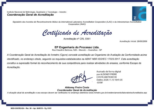 CERTIFICADO DO INMETRO - CRL 0361 - ISO 17025-2017